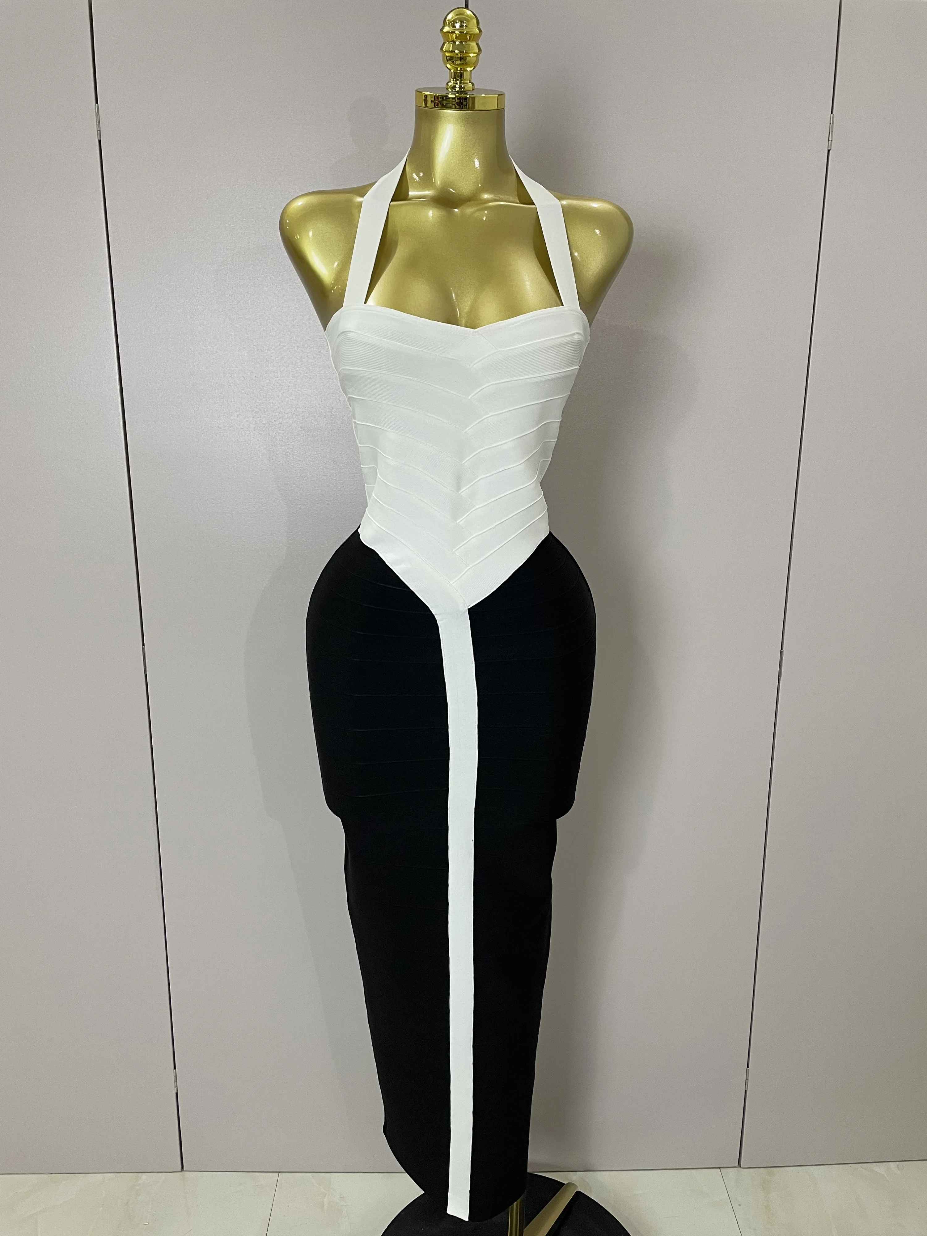 

Sexy Halter Whiter Black Patchwork Bodycon Bandage Dress 2025 Women Celebrity Elegant Evening Party Club Luxury Birthday Dresses
