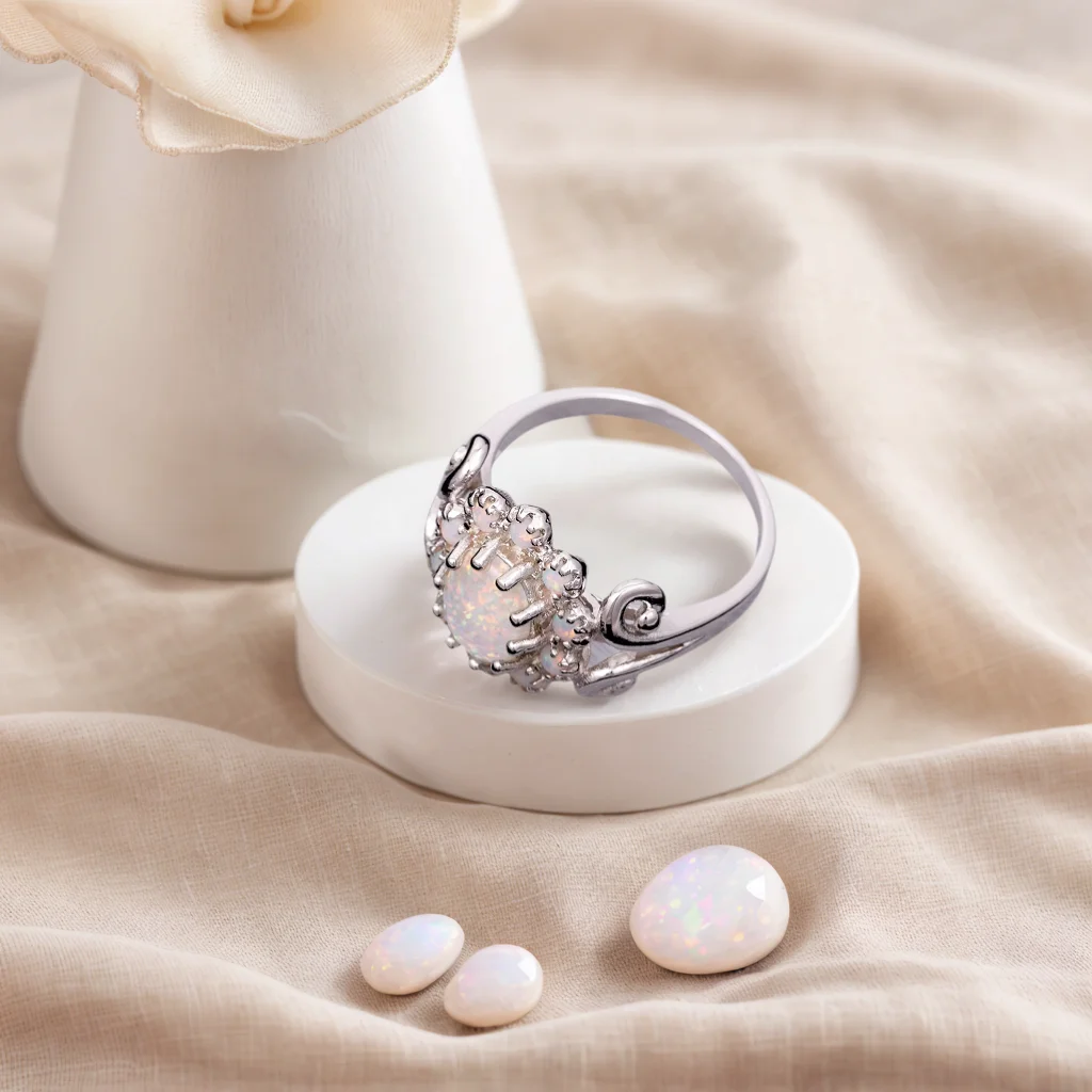 JieLing Flower Design White Fire Opal & Zircon Fashion Jewelry For Women Vintage Wedding Ring Designer Jewelry Luxury Gift