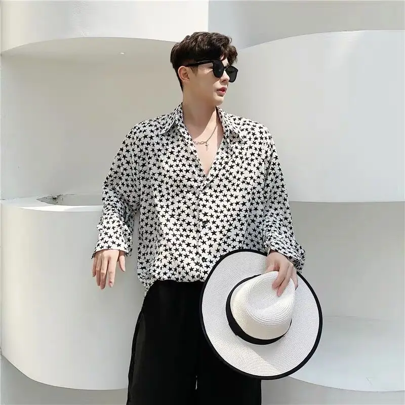 Temperament Handsome Long Sleeve Turn-down Collar Spring Summer Button Printing Loose Fashion Man Casual Shirts Men\'s Clothing