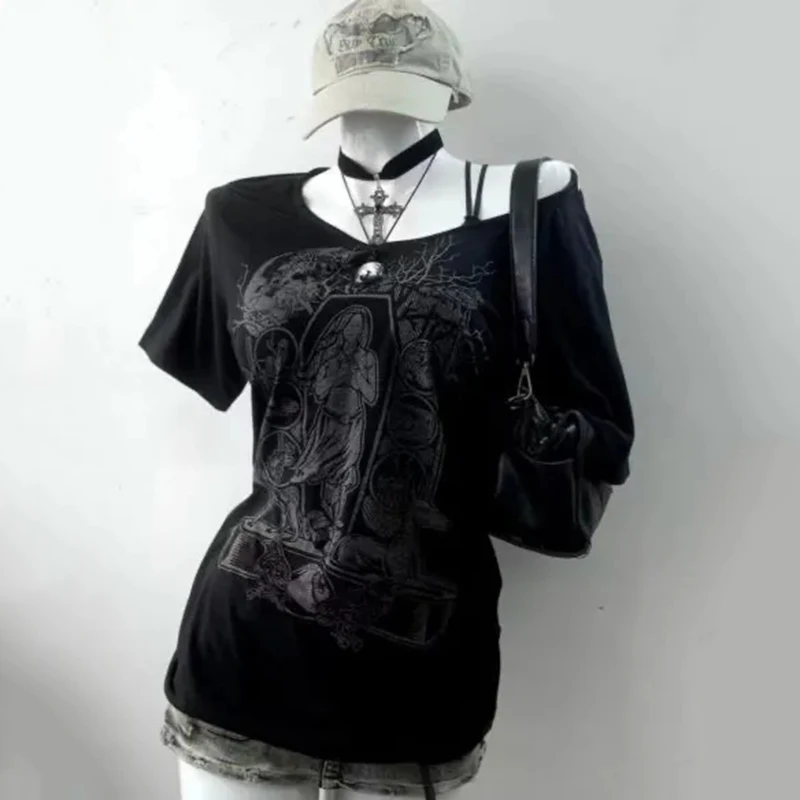 

Vintage Prints Black T Shirt Women Y2K Harajuku Fashion Punk Off Shoulder Top Sexy Slim Casual Gothic Tees Summer Female Tees