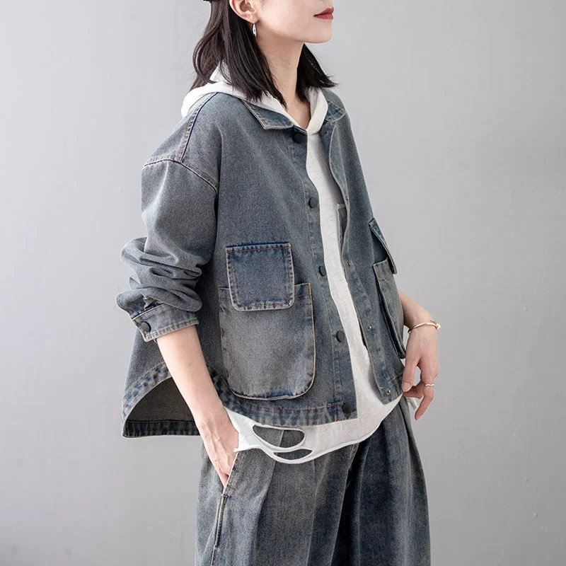 Vintage Wash short Denim Jacket Women spring new Fashion big Pockets jean Coat Female Casual Loose Tooling Cowboy outerwear T217