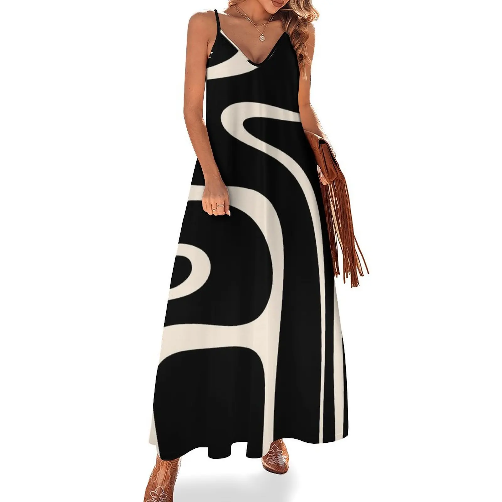 

Copacetic Retro Abstract Black and Almond Cream Sleeveless Dress summer women's suit dresses for special events