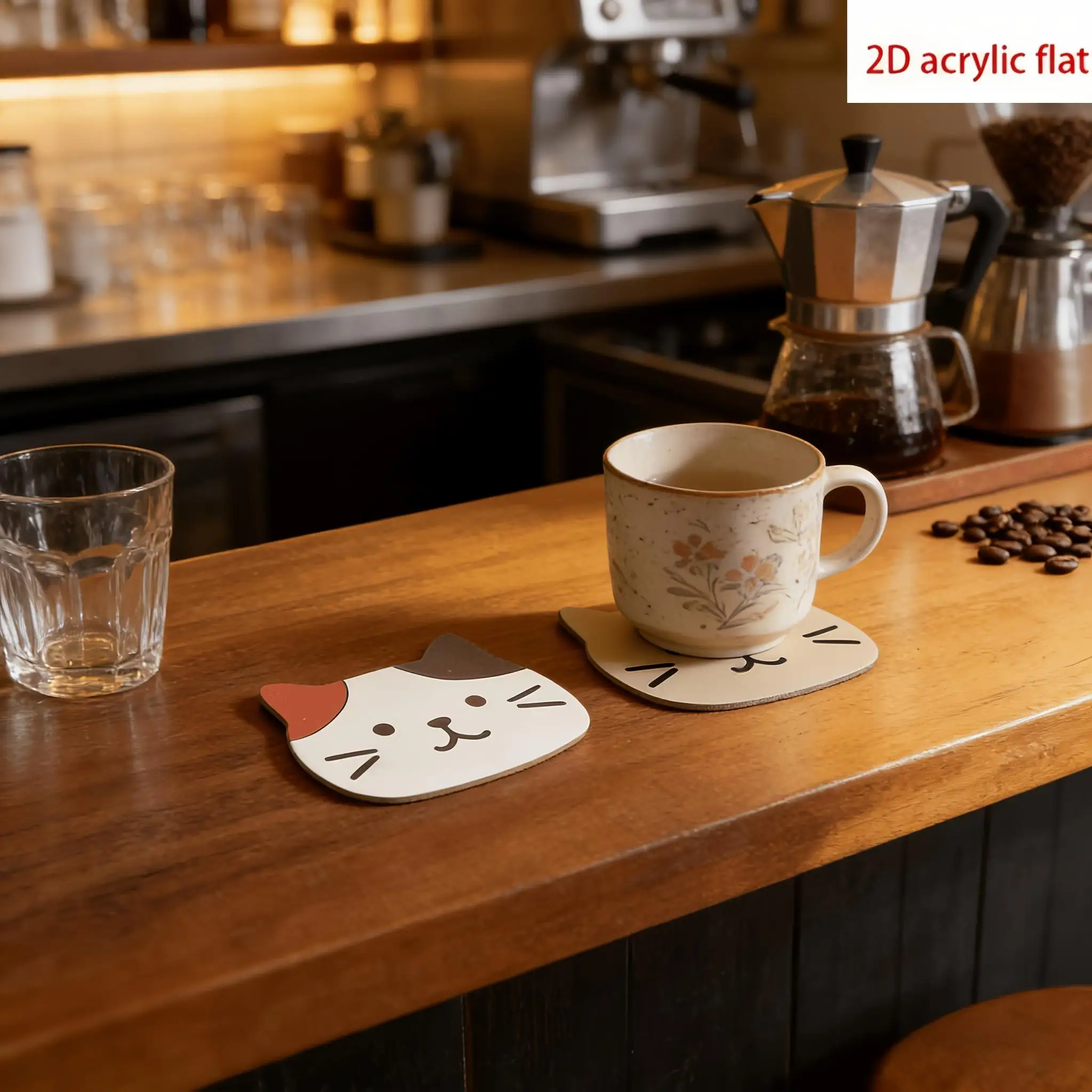 2D Flat Plane,5pcs Wooden Cat Coasters,Cute Cat Face Design,Suitable for Home Living Room,Bedroom Bedside As Tabletop Decoration