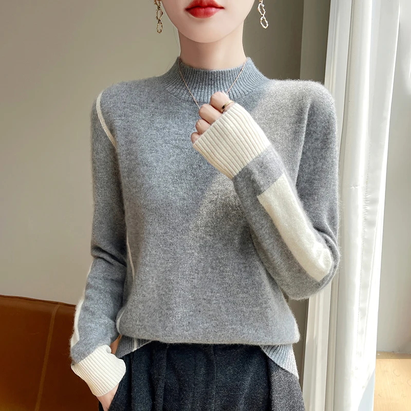 2024 Autumn and Winter New Women's Knitted Sweater 100% Pure Wool Color Matching Turtleneck Sweater Thermal Bottoming Shirt