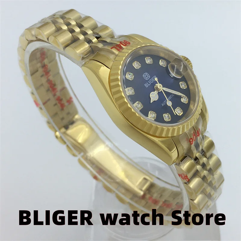 BLIGER-Reloj de lujo de 26mm para mujer, nuevo accesorio mecánico de cristal de zafiro japonés NH05 con esfera azul, índice de diamante, fecha y ventana