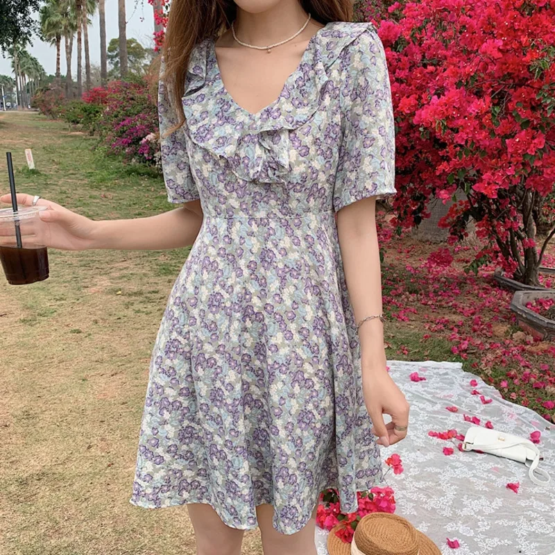 

Summer French Romantic V-neck Beach Dress Women Ruffles Chiffon Short Sleeve Floral Zipper A-line Knee-length Dresses With Lined