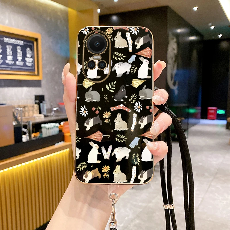 R eno 10 Cute Rabbit Luxury Plating Phone Case For OPPO Reno 10Pro 10 11 12 K12X 7 8Pro 8 9 9Pro 6Z 9 Pro Plus 8T K12 K11 Cover