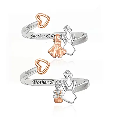 925 Ayar Gümüş Gül Altın Kaplama Anne Kız Oğul Kalp Açık Üst Üste Takılabilen Yüzükler Kadınlar Gençler İçin DIY