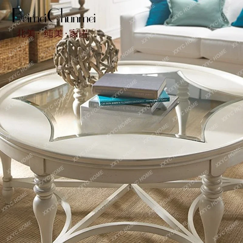 A Round solid wood coffee table pastoral living room tea table tempered glass coffee table white