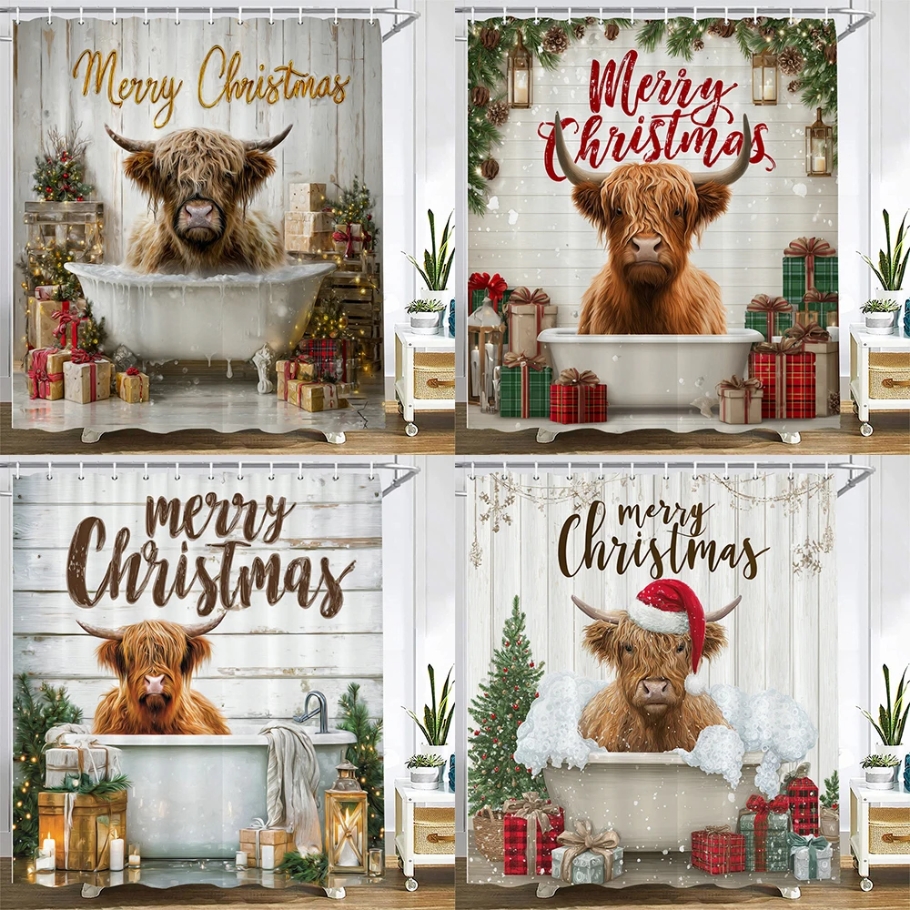 

Merry Christmas Shower Curtain Interesting bathing highland cattle Bathroom Curtains Printed fabric home holiday Decor Curtain