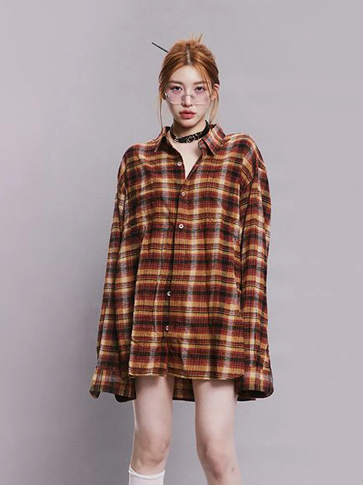 Camicie scozzesi Y2k da donna Camicetta a maniche lunghe oversize vintage Harajuku Streetwear Allentato Bf Retro Hop Casual Top Nuova primavera