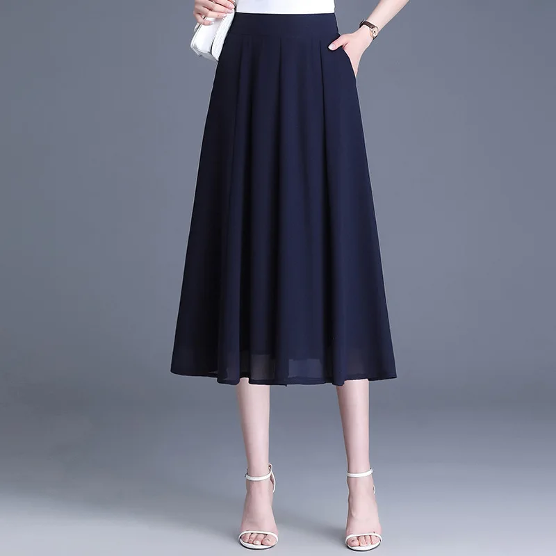 # 1622, Schwarz, Weiß, Rot, Blau, Chiffon-Röcke für Damen, Sommer, A-Linie, Midi-Röcke, weiblich, dünn, locker, geteilter Faltenrock, Femme, schlank