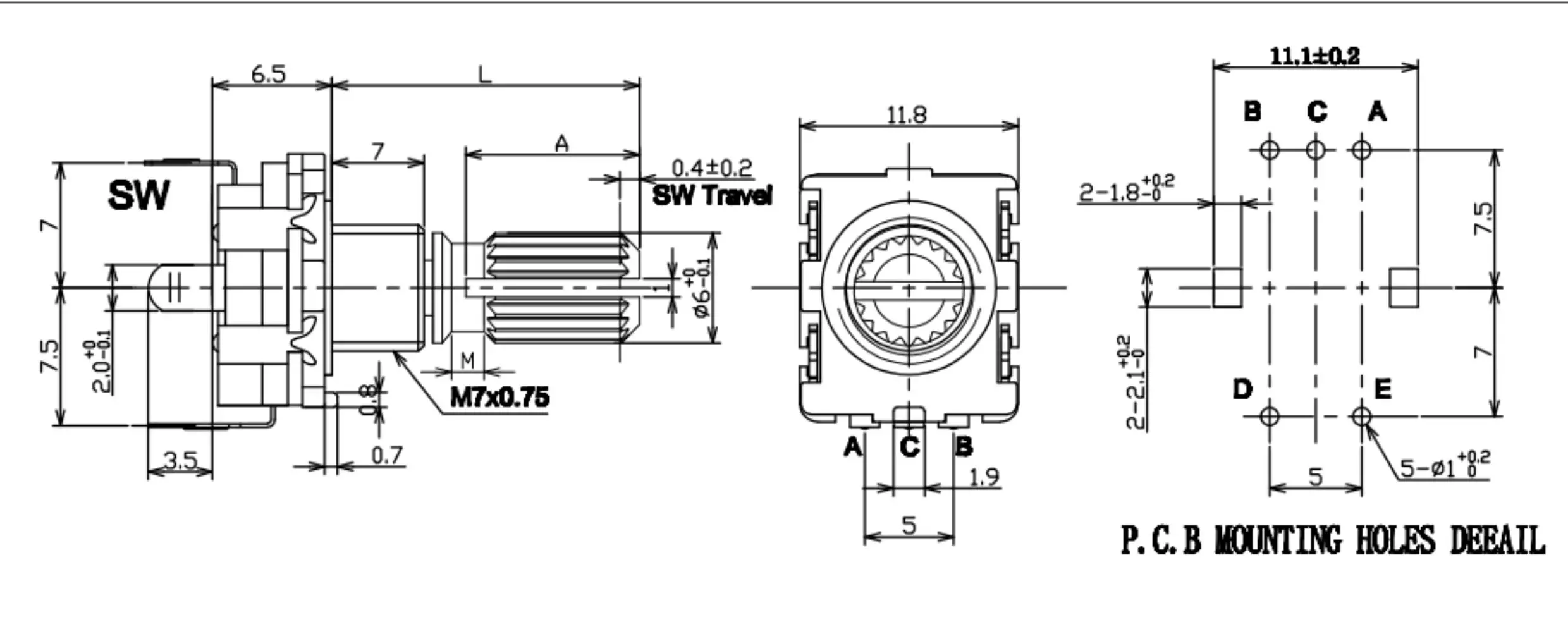 EC11-Drehgeber, Codierschalter, EC11-Digitalpotentiometer mit Schalter, Griff mit fünf Pins, Länge 20 mm, 15 mm. – Detail 5