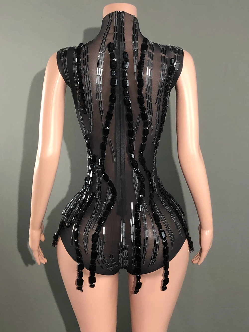 Sparkly Rhinestones Mirrors Bodysuit for Women Sexy Mesh Transparent Sleeveless Dancer Performance Dance Costume Stage Wear