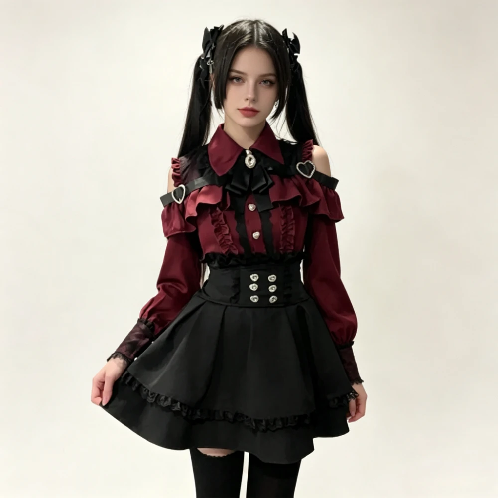 

Kawaii Two 2 Piece Set - Lace Blouse Mini Skirt Coord Red Sexy Gothic Lolita Crop Top with Detachable Sleeves for Petite Girls