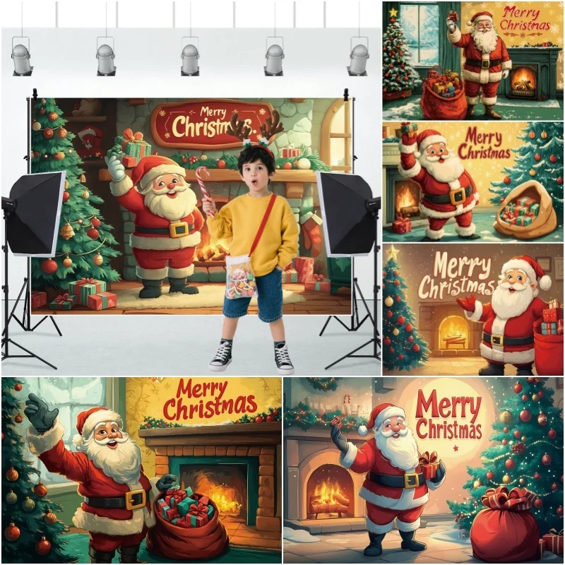 Санта-Клаус Рождественский фон для фотосъемки Рождественская елка Подарок Камин Праздник Семья Детский портретный фон Декор для вечеринки Реквизит