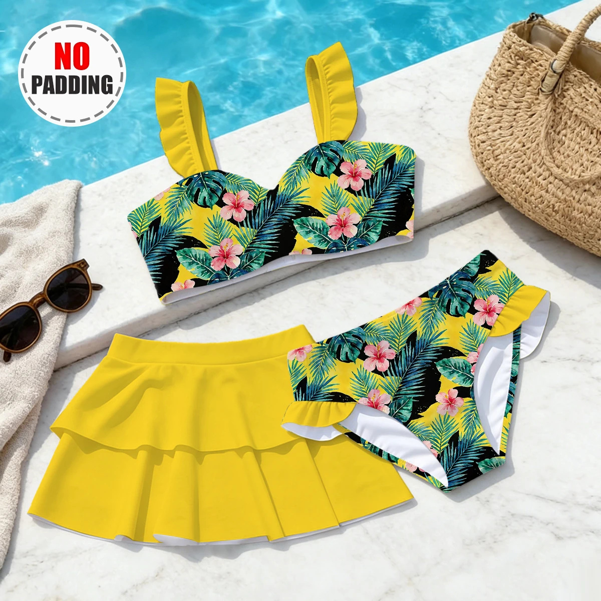 Girls' Summer Style Elegant and Fashionable Fusang Flower 3-Piece Swimming Skirt