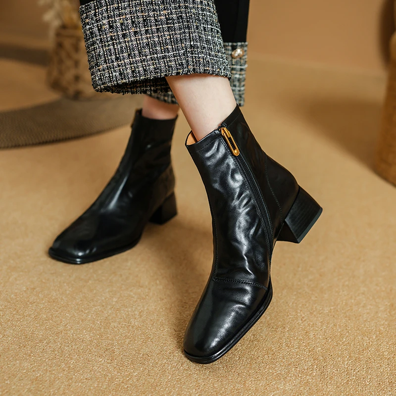 2024 New Winter Round Toe Women Boots Chunky Heel Women Shoes Retro Western Boots Ankle Boots Genuine Leather Chelsea Shoes