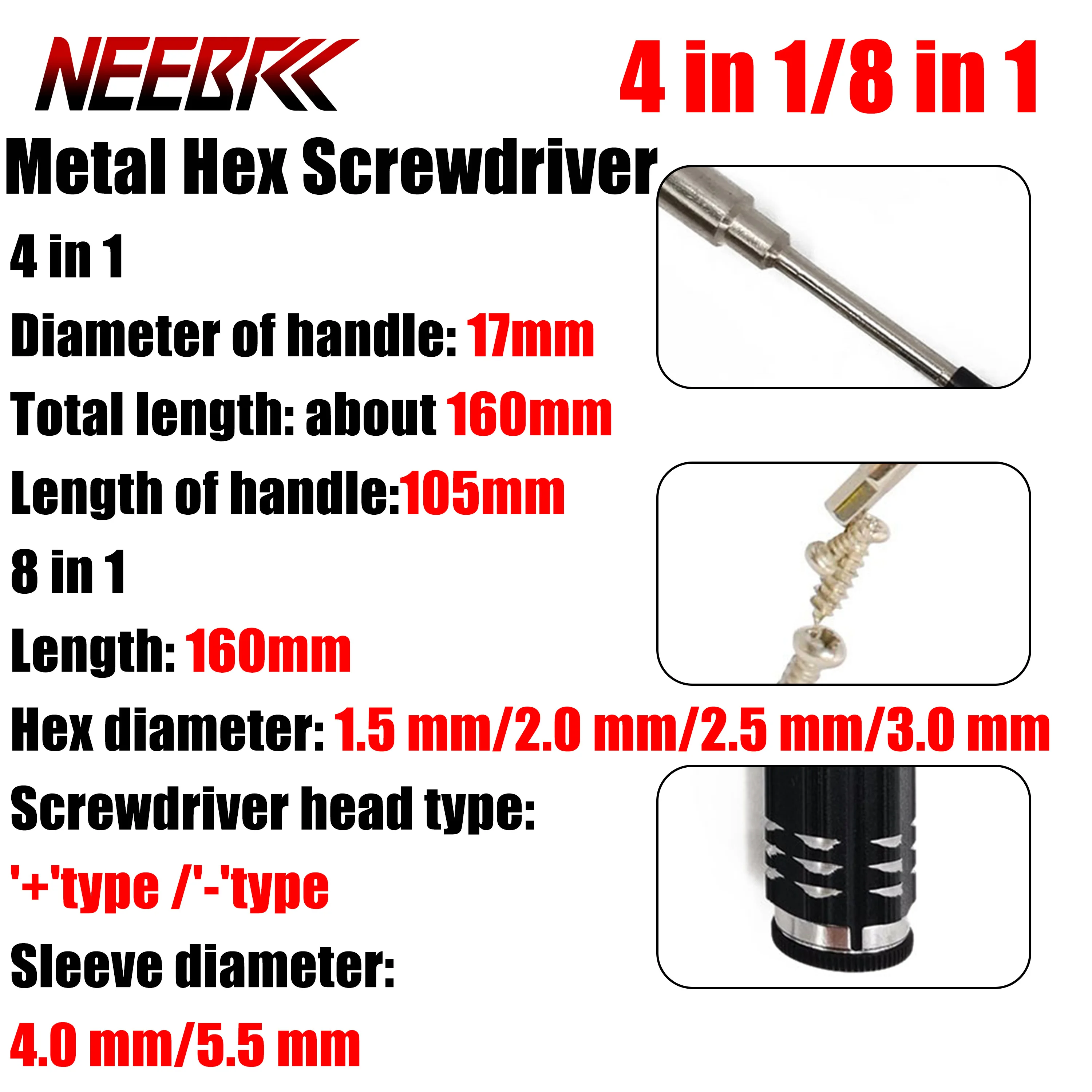 4 in 1/8 in 1 Screwdriver Set 1.5mm 2.0mm 2.5mm 3.0mm Metal Hex Hexagonal Repair Tool Kit for RC Aircraft Model Car Boat Part
