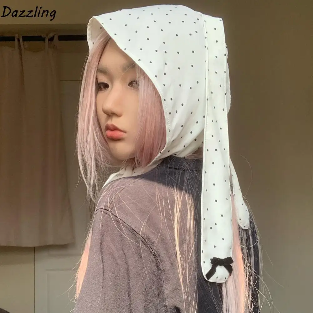 

Temperament Y2K Korean Lop Ear Rabbit Hat Sweet Polka Dot Floral Hair Scarf Peach Cherry Pullover Cap Girls