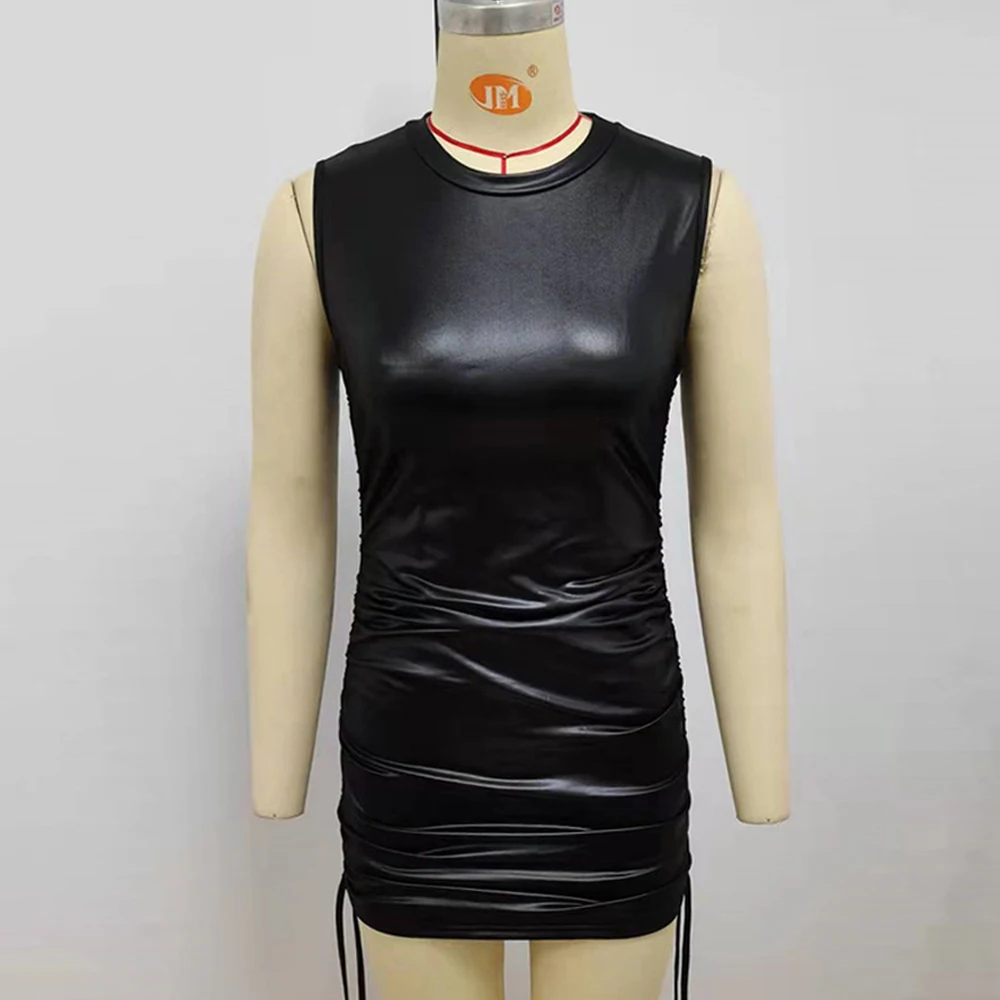 Women Sexy Summer Pu Leather Party Dress Strapless Solid Slim Sleeveless Bodycon Dress Drawstring Multicolor Mini Prom Dresses