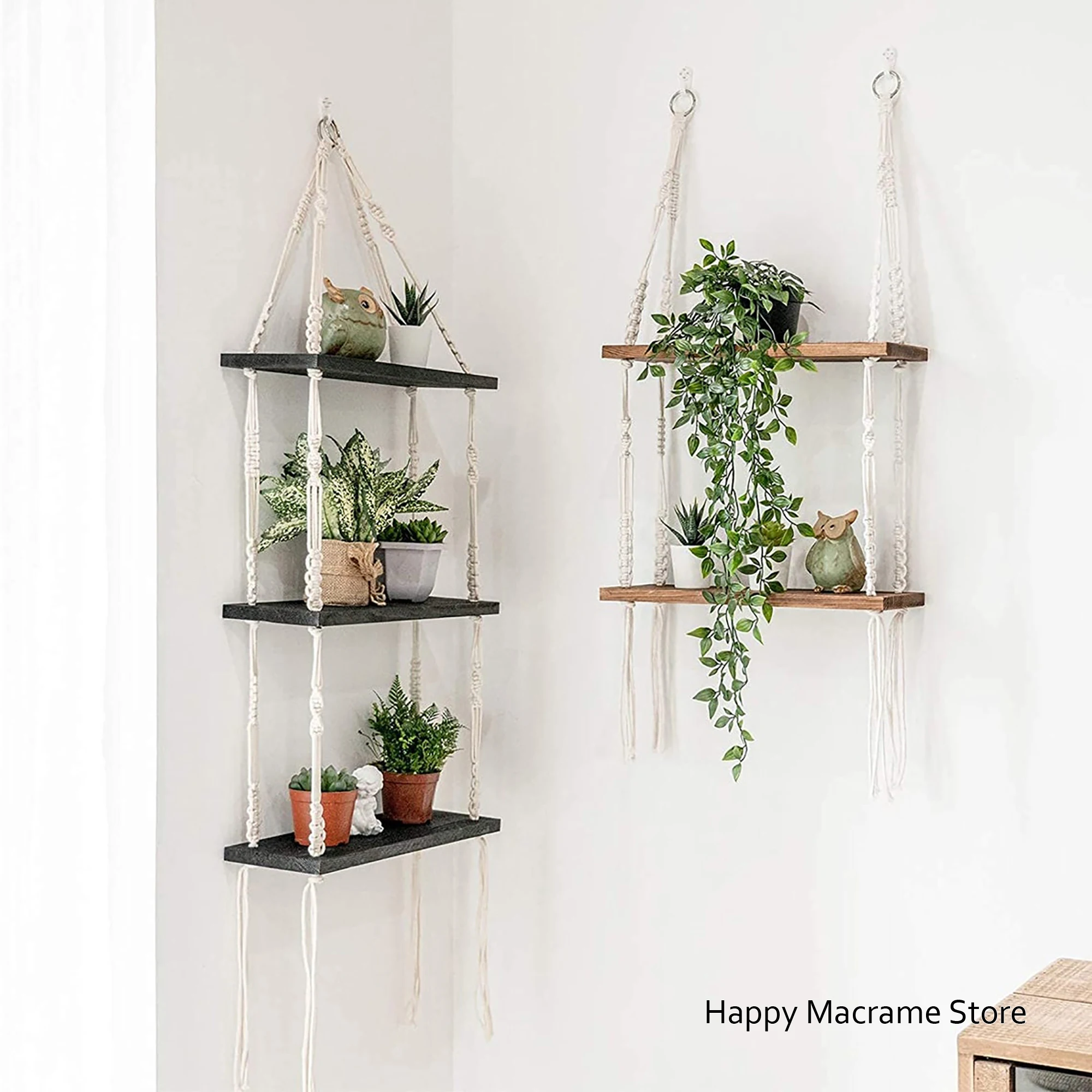 Handmade Floating Macramé Shelf Boho Décor  Macrame Plant Shelf Home Décor Hanging Shelf Wood Shelves Decorative Hang from Wall