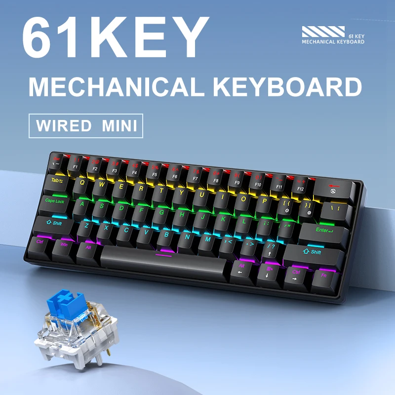 APAYADO K61 60% Mini Wired Gaming Mechanical Keyboard Phantom RGB, 61 Keys, Red/Blue Switch, Ergonomic, Portable for PC/Laptop