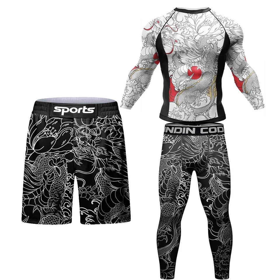 Uomo BJJ Rash Guard Jiu Jitsu t-shirt pantaloncini stampati a sublimazione Rashguard arti marziali boxe MMA abbigliamento Compression Wear Suit