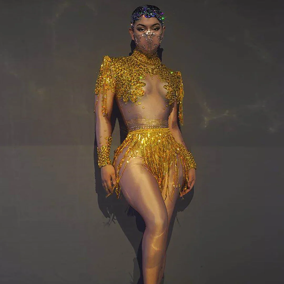 

Новый мигающий серебряный блесток с бахромой и стразами, спандекс, сексуальное боди, женская одежда для танцовщицы, наряд с высоким воротником, одежда для выпускного вечера, дня рождения