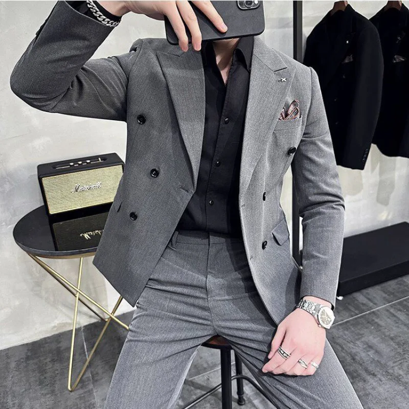 Gaijia quatro estações grosso e fino terno trespassado masculino estilo coreano fino-ajuste elegante pequeno terno de negócios high-end