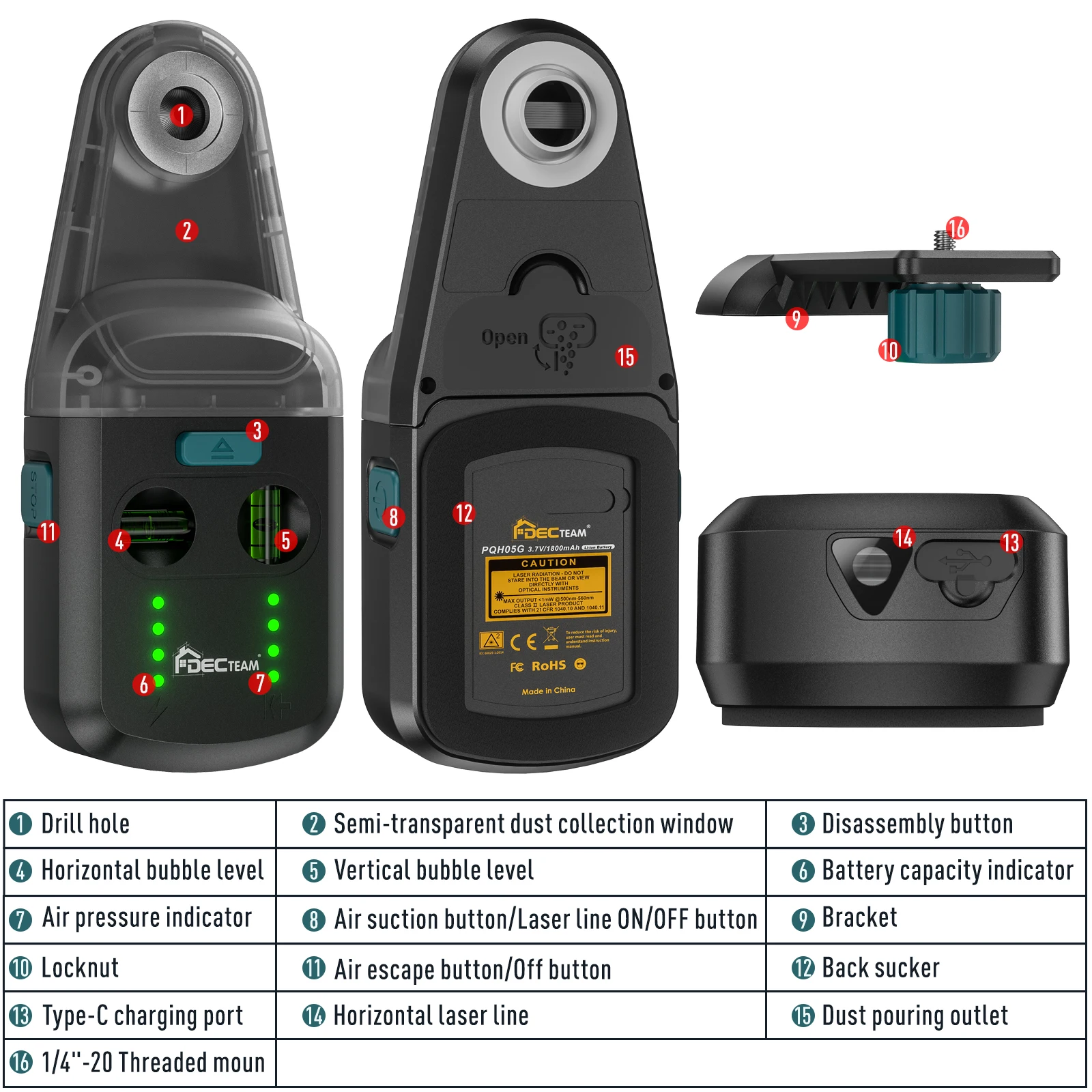 Grüner Laser Level Decteam Elektrischer Bohrstaubsammler 3-in-1-Wandsauger mit Saugfunktion, Vakuumbox, Reinigungswerkzeug, Laserhalterung PQH05G – Detail 4