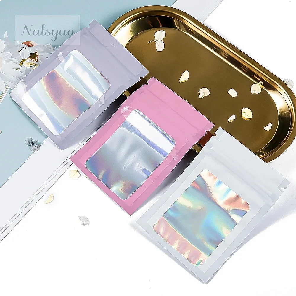 50Pcs Thick Smell Proof Mylar Bag Holographic Color Plastic Packaging Pouch for Jewelry Retail Storage Gift Zip Lock Bag
