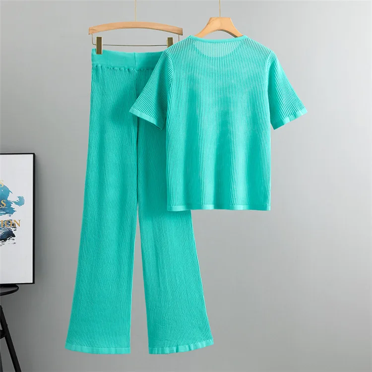 Summer Ice Silk Knit 2 Piece Sets Women Short Sleeve Hollow Out Knitwear Tee Tops Suits High Waist Straight Flare Pants Outfits