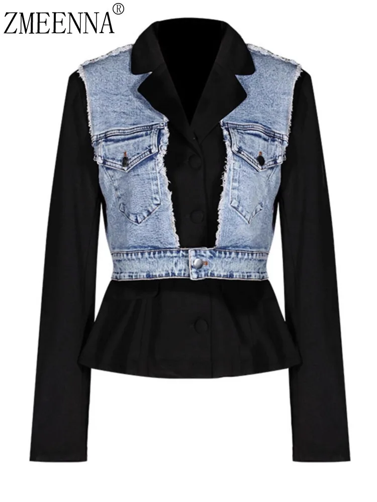 

ZMEENNA Women's Denim Black Blazer Jacket Style Notched Lapel Single Breasted Pockets Fitted Waist Fashion Outerwear ZM4187