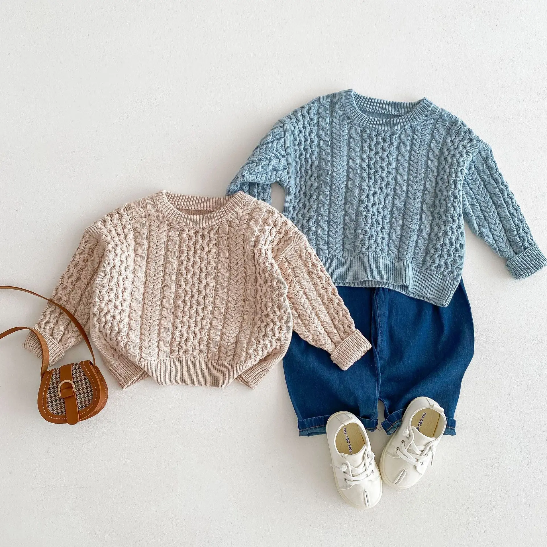 Baju Sweater rajut anak laki-laki perempuan, pakaian Pullover anak Perempuan Vintage polos rajut kasual lengan panjang musim gugur 2024