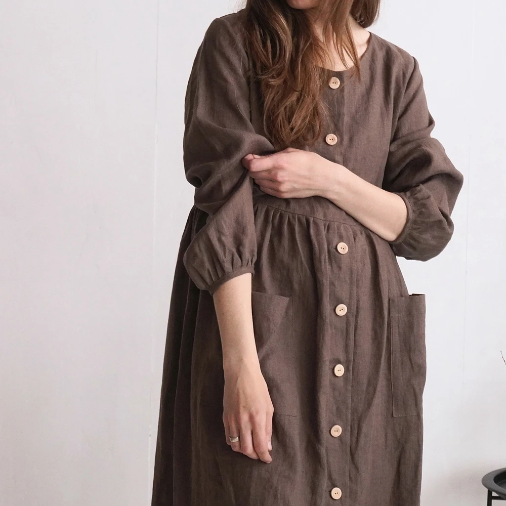 Vestido de maternidad de lino, corte holgado, con botones delanteros, marrón, Maxi, informal, de algodón, transpirable, ropa de maternidad, uso diario