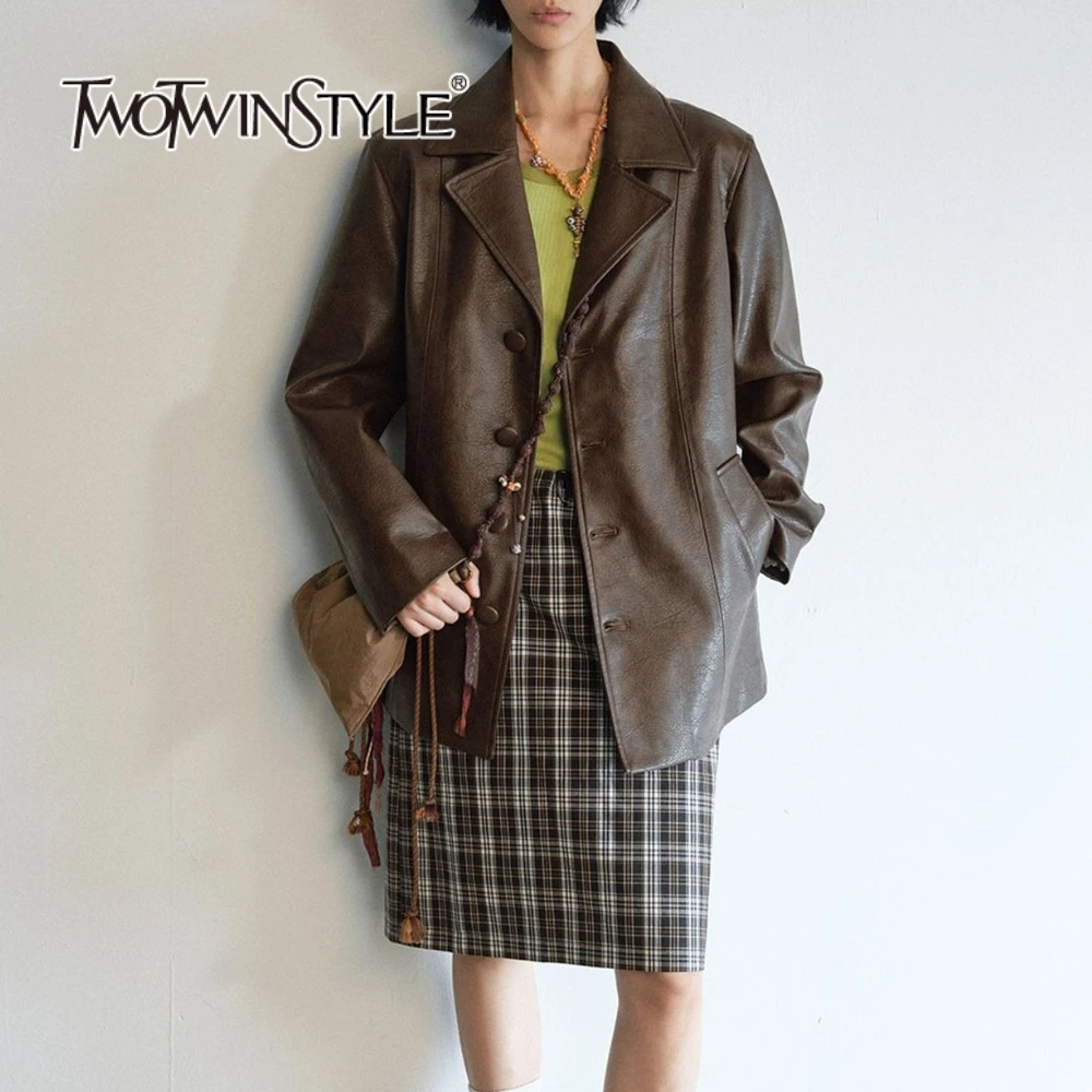 TWOTWINSTYLE Solid Loose Spliced Single Breasted Vintage Jackets for Women Lapel Long Sleeves Fashion Leather Jacket Female New
