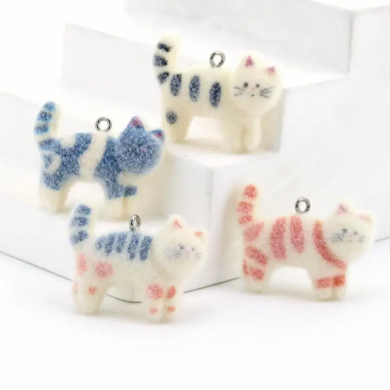 2pcs Kawaii Fluffy Flocking Cat Pendant Charms DIY Jewelry Beads For Earrings Necklace Keychain