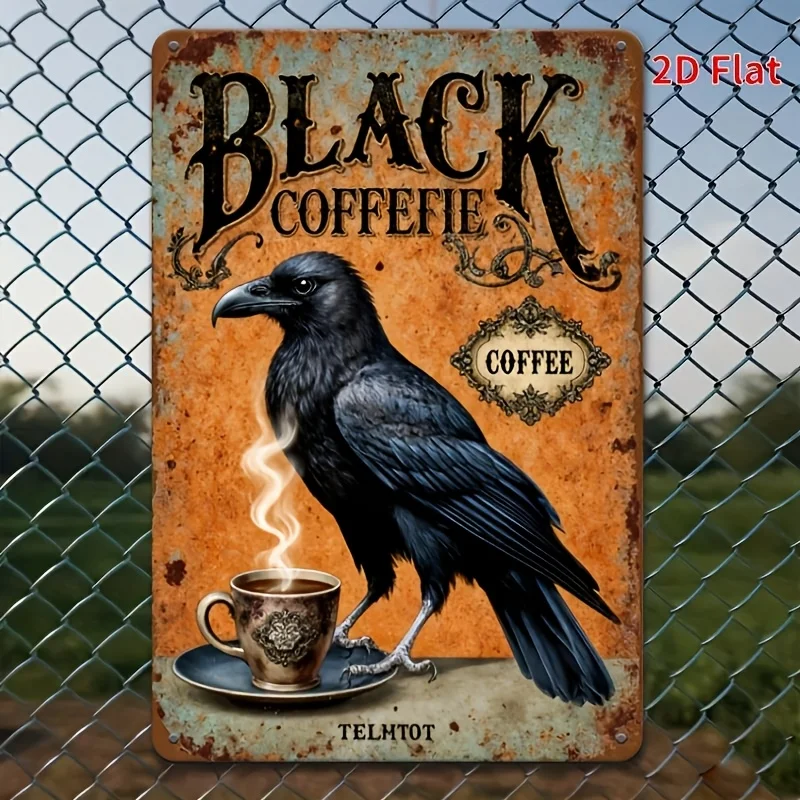 2D Flat - 1pc 8X12 Inch Flat Black Crow Metal Wall Sign, Measuring 20 by 32 by 48 Cm. This Retro Plaque Features a Crow