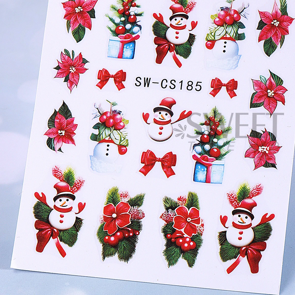3 pçs feliz natal prego manicure decalques grande flor vermelha dos desenhos animados boneco de neve azevinho arco presente doces bastões design adesivos decoração de inverno