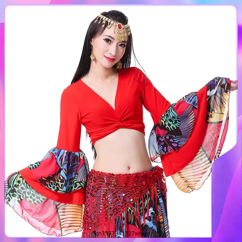 Conjunto de saia grande flor feminina para performance de dança do ventre, saia de dança do ventre de 720 graus, manga longa, conjunto de saia grande de balanço