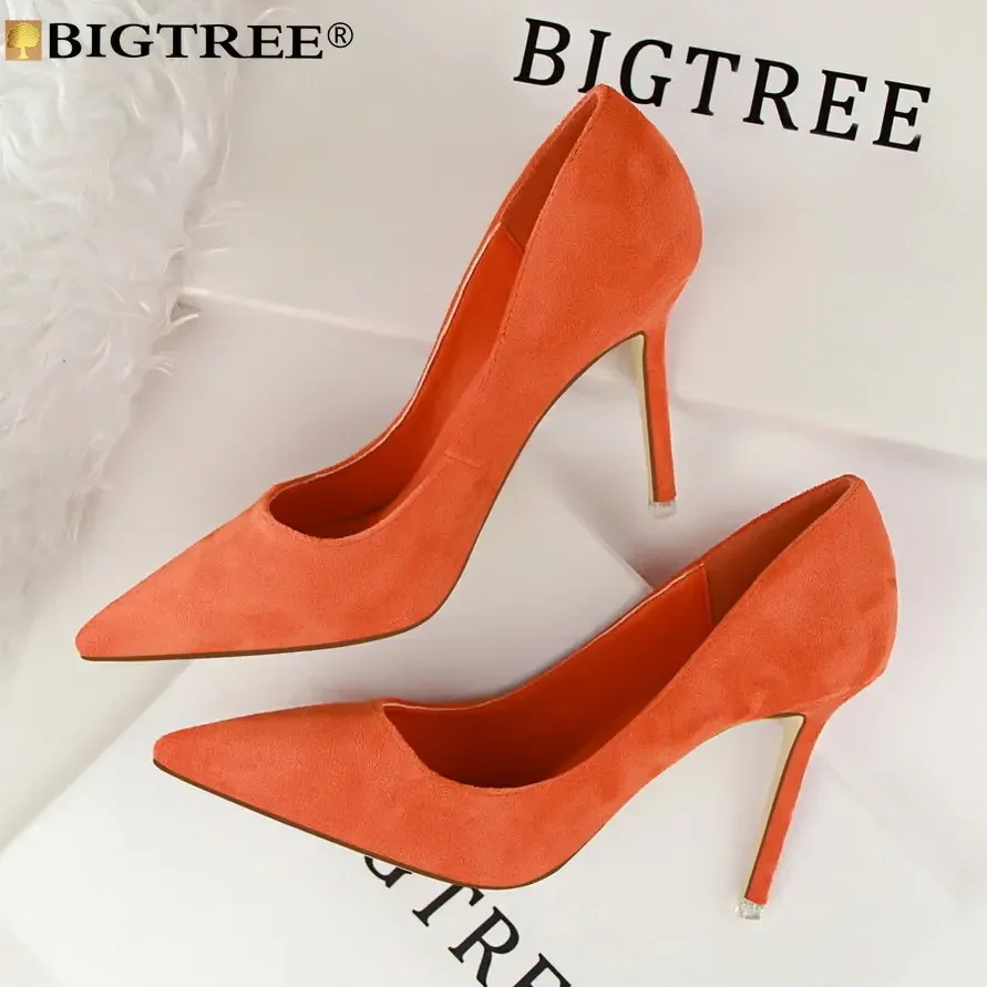 BIGTREE Women Pumps Shoes Spring High Heels Wedding Novelty Pointed Toe Flock 9CM Thin Heels Mature Office Career Women Shoes