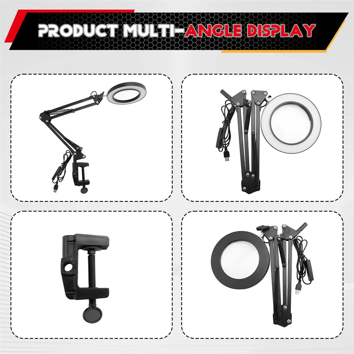 عدسة مكبرة A06K 10X مع ضوء ومشبك 3 أوضاع ألوان 10 سطوع قابل للتعديل مصباح مكتبي مكبر لقراءة الحرف اليدوية