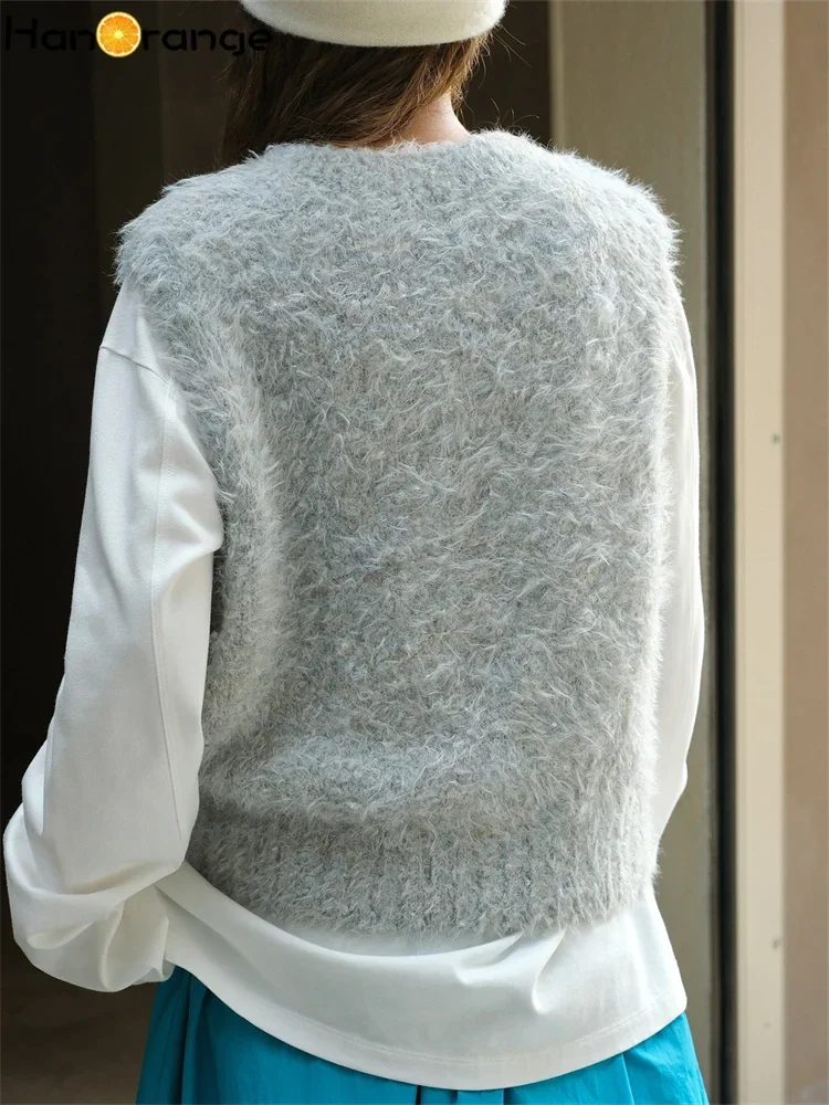 HanOrange 2024 Autumn Winter Fashion Imitation Mink O-neck Wool Sweater Vest Women Soft Fluffy Knitting Top Apricot/Gray