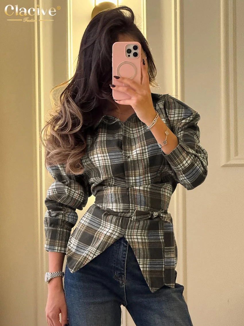 Clacive Spring Loose Brown Plaid Women's Blouse 2026 Fashion Lapel Long Sleeve Lady Shirts Elegant Classic Top Female Clothing