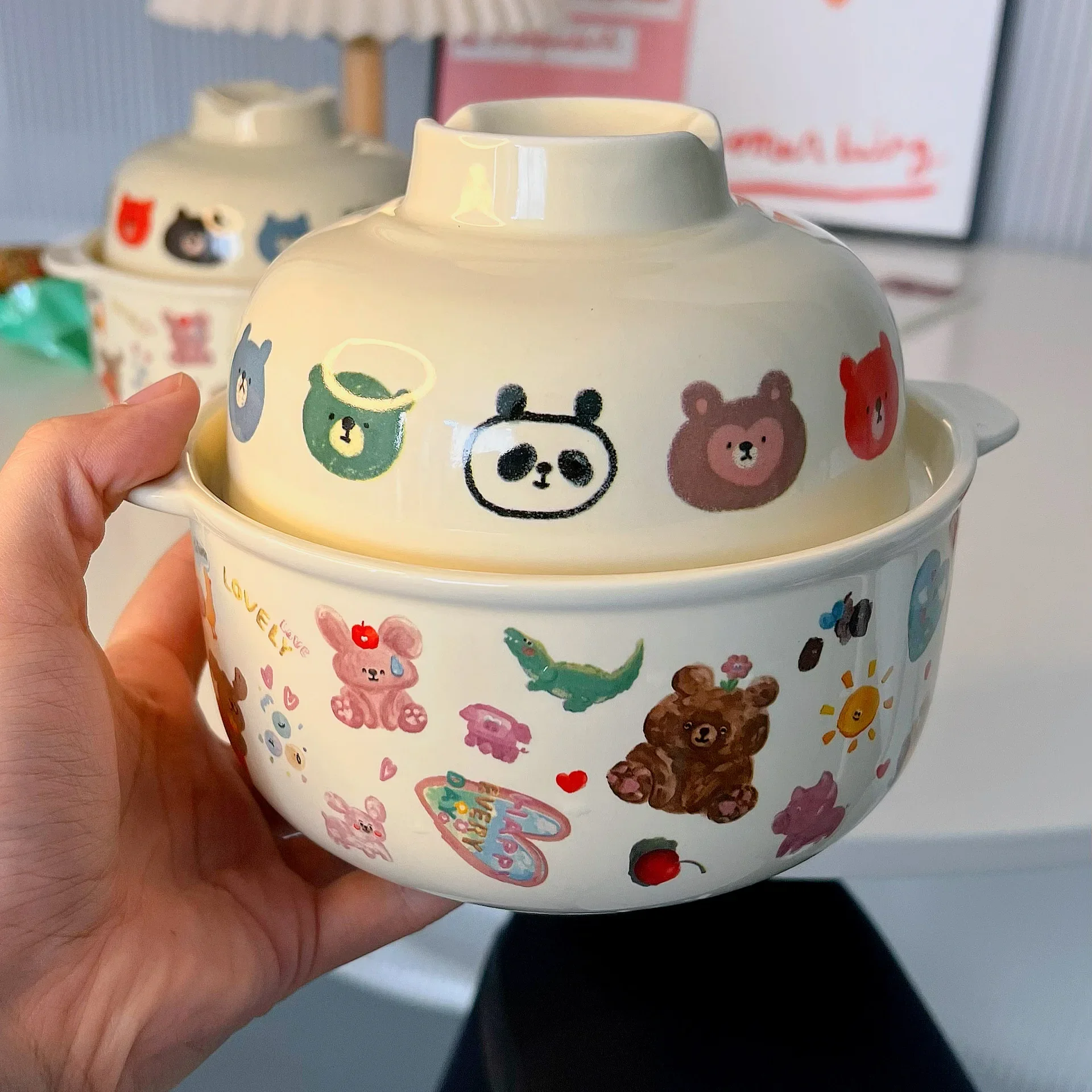 

Cute cartoon with cover girl's heart instant noodles bowl breakfast student dormitory soup ceramic