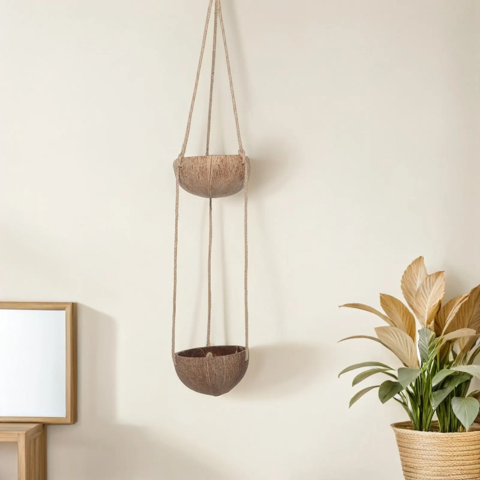 Double-Layer Coconut Shell Hanging Planter Natural Decorative Flower Pot Indoor Vertical Hanging Basket for Bedroom Living Room