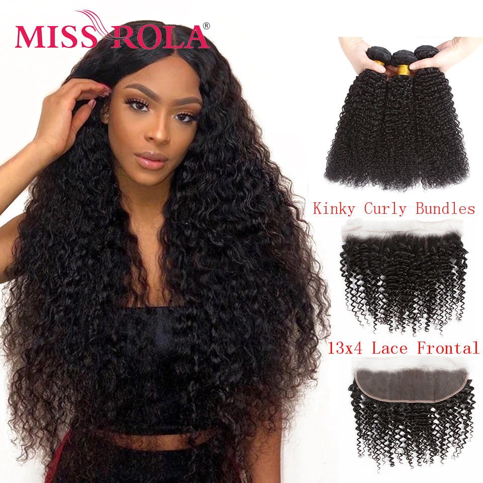 Miss Rola Natural Color Brazilian Kinky Curly Remy Hair 3 Bundles With 13x4 Lace Frontal Closure 100% Human Hair Quality Curly