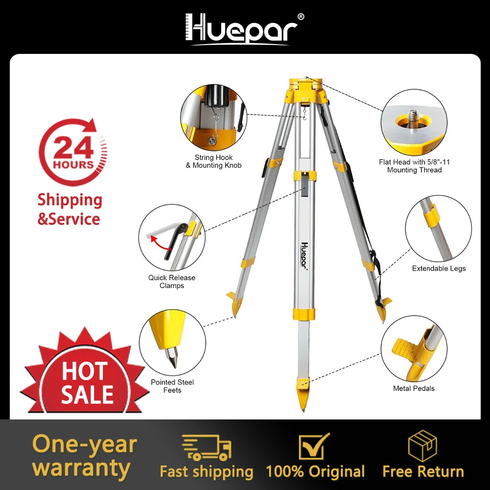 Huepar M3Y for Total Station, Automatic Optical Level, Rotary Laser,Aluminum Flat Head Heavy Duty Telescoping Tripod