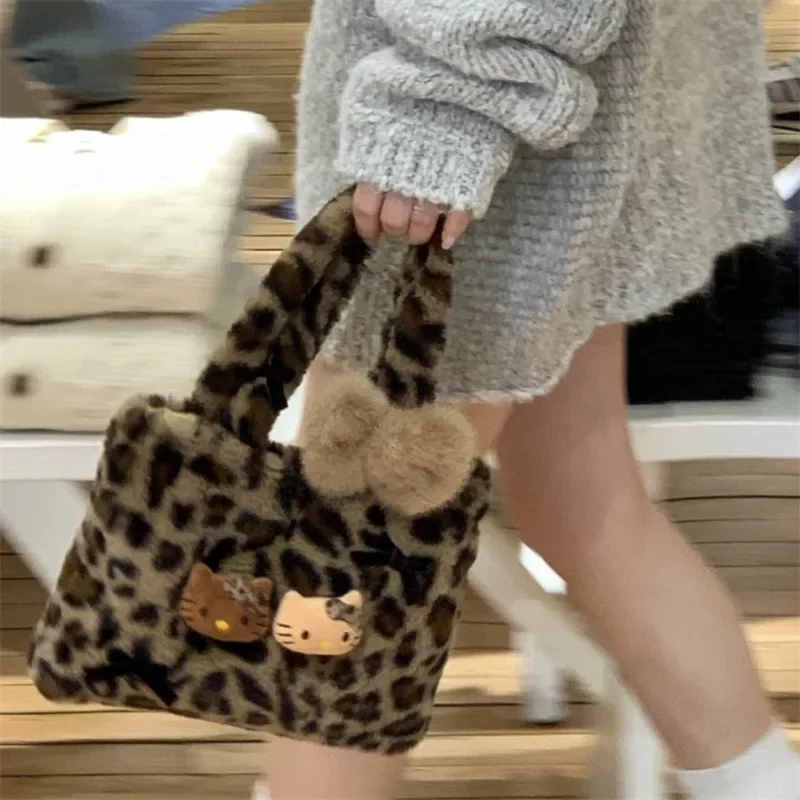 Leopard Print Handbag Cute Plush Black Leather HelloKitty Girl Y2k Commuting Bag Autumn and Winter New Fashion Collection Gift